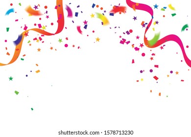 Many Falling Colorful Tiny Confetti And Ribbon On White Background. Celebration Event and Party. Multicolored. Vector