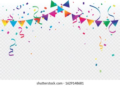 Many Falling Colorful Tiny Confetti And Ribbon On Transparent Background. Celebration Event and Party. Multicolored. Vector