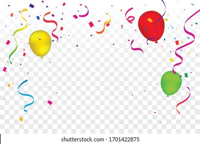 Many Falling Colorful Tiny Confetti And Ribbon With Balloon On Transparent Background. Celebration Event and Party. Multicolored. Vector