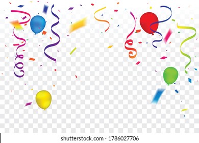 Many Falling Colorful Tiny Confetti With Balloons And Ribbon On Transparent Background. Celebration Event and Party. Multicolored. Grand Opening. Vector