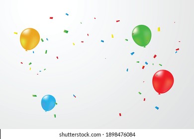 Many Falling Colorful Tiny Confetti With Balloon On White Background. Celebration Event and Party. Multicolored. Vector