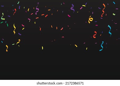 Viele Fallende farbige Tiny Confetti und Band auf schwarzem Hintergrund. Feierlichkeiten und Feierlichkeiten. mehrfarbig. Vektorgrafik