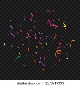 Many Falling Colorful Tiny Confetti And Ribbon On Black Background. Celebration Event and Party. Multicolored. Vector