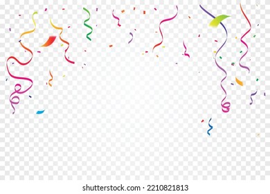 Many Falling Colorful Tiny Confetti And Ribbon On Transparent Background. Celebration Event and Party. Multicolored. Vector