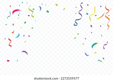 Many Falling Colorful Tiny Confetti And Ribbon On Transparent Background. Celebration Event and Party. Multicolored. Vector