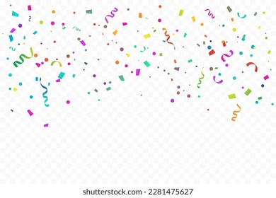 Many Falling Colorful Tiny Confetti And Ribbon On Transparent Background. Celebration Event and Party. Multicolored. Vector