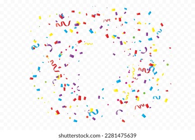 Many Falling Colorful Tiny Confetti And Ribbon On Transparent Background. Celebration Event and Party. Multicolored. Vector