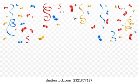 Many Falling Colorful Tiny Confetti And Ribbon On Transparent Background. Celebration Event and Party. Multicolored. Vector