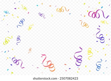 Muchos Confeti Y Cinta Pequeños Coloridos Caídos Sobre Fondo Transparente. Celebración y Fiesta. Multicolor. Ilustración vectorial. Feliz cumpleaños