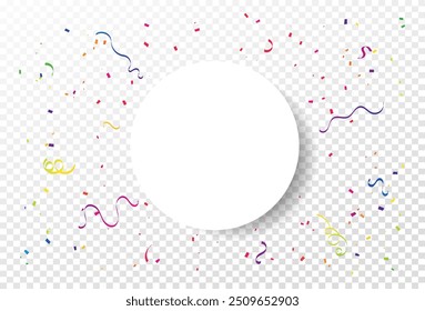 Muitos Descendo Minúsculo Confete Colorido E Fita Em Fundo Transparente. Evento e festa de celebração. Quadro de Círculo. Multicolorido. Ilustração de vetor. Feliz Aniversário. Parabéns