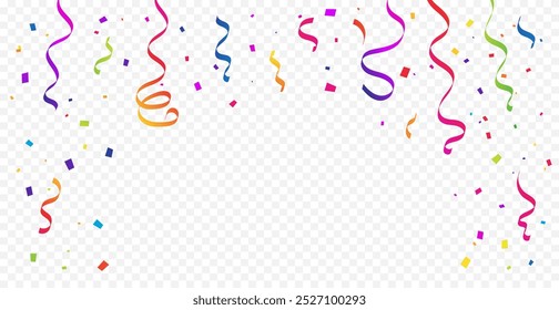 Many Falling Colorful Tiny Confetti And Ribbon On Transparent Background. Celebration Banner. Happy Birthday Wallpaper. Event and Party. Multicolored. Vector Illustration