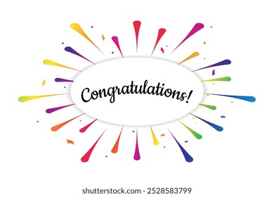 Many Falling Colorful Tiny Confetti On White Background With Frame And Fireworks. Celebration Event And Party Wallpaper. Congratulations Banner. Happy Birthday. Vector Illustration. Multicolored