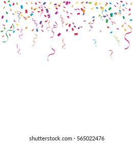 Many Falling Colorful Tiny Confetti And Ribbon Isolated On White Background. Vector. Multi Colored