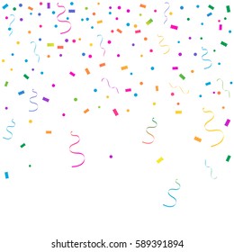 Many Falling Colorful Tiny Confetti And Ribbon Isolated On White Background. Vector. Multi colored