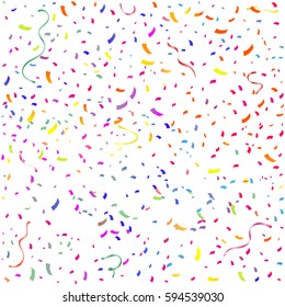Many Falling Colorful Tiny Confetti And Ribbon Isolated On White Background. Vector