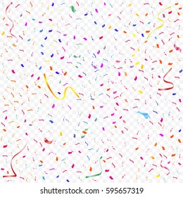 Many Falling Colorful Tiny Confetti And Ribbon Isolated On Transparent Background. Vector