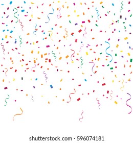 Many Falling Colorful Tiny Confetti And Ribbon Isolated On White Background. Vector. Multi colored