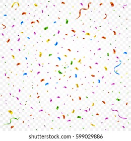 Many Falling Colorful Tiny Confetti And Ribbon Isolated On Transparent Background. Vector