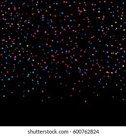 Many Falling Colorful Tiny Confetti Isolated On Black Background. Vector