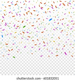 Viele Fallende bunt schmale Confetti einzeln auf transparentem Hintergrund. Vektorgrafik