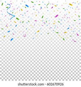 Many Falling Colorful Tiny Confetti And Ribbon Isolated On Transparent Background. Vector