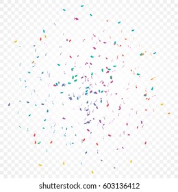 Many Falling Colorful Tiny Confetti And Ribbon Isolated On Transparent Background. Vector. Multi Colored