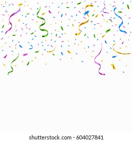 Many Falling Colorful Tiny Confetti And Ribbon Isolated On White Background. Vector. Multi colored