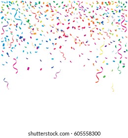 Many Falling Colorful Tiny Confetti And Ribbons Isolated On White Background. Vector
