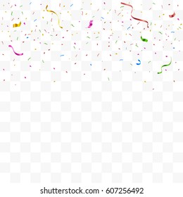 Many Falling Colorful Tiny Confetti And Ribbon Isolated On Transparent Background. Vector