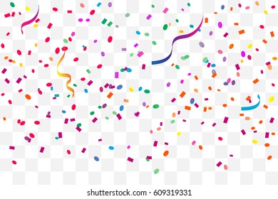 Many Falling Colorful Tiny Confetti And Ribbons Isolated On Transparent Background. Vector