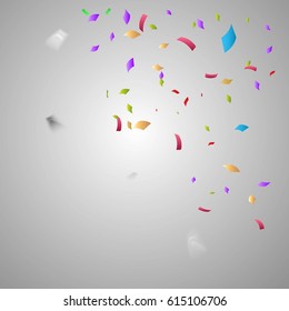 Many falling colorful tiny confetti on background.Holiday decorative tinsel element for your design and copy space.