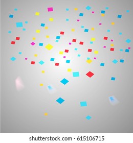 Many falling colorful tiny confetti on background.Holiday decorative tinsel element for your design and copy space.