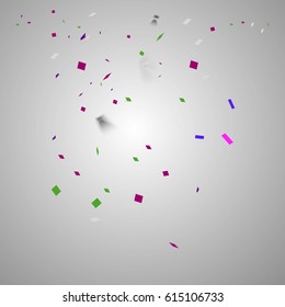 Many falling colorful tiny confetti on background.Holiday decorative tinsel element for your design and copy space.