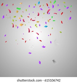 Many falling colorful tiny confetti on background.Holiday decorative tinsel element for your design and copy space.