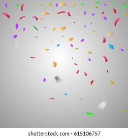 Many falling colorful tiny confetti on background.Holiday decorative tinsel element for your design and copy space.
