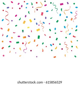 Many Falling Colorful Tiny Confetti And Ribbon Isolated On White Background. Vector. Multi colored