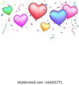 Many Falling Colorful Tiny Confetti And Balloon Heart Isolated On White Background. Vector. Multi colored