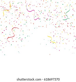 Many Falling Colorful Tiny Confetti And Ribbon Isolated On White Background. Vector