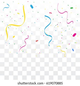 Many Falling Colorful Tiny Confetti And Ribbon Isolated On Transparent Background. Vector