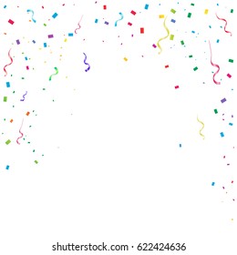 Many Falling Colorful Tiny Confetti And Ribbon Isolated On White Background. Vector. Multi colored