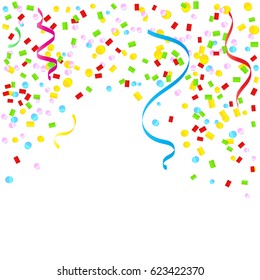 Many Falling Colorful Tiny Confetti And Ribbon Isolated On White Background. Vector. Multi colored. Paper Art. Origami