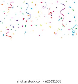 Many Falling Colorful Tiny Confetti And Ribbon Isolated On White Background. Vector. Multi colored