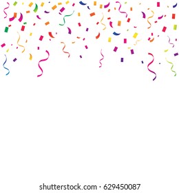 Many Falling Colorful Tiny Confetti And Ribbon Isolated On White Background. Vector. Multi colored