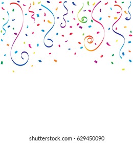 Many Falling Colorful Tiny Confetti And Ribbon Isolated On White Background. Vector. Multi colored