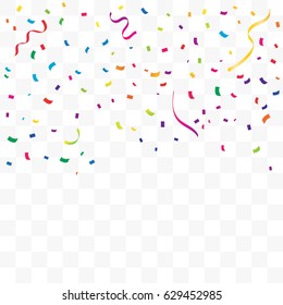 Many Falling Colorful Tiny Confetti And Ribbon Isolated On Transparent Background. Vector