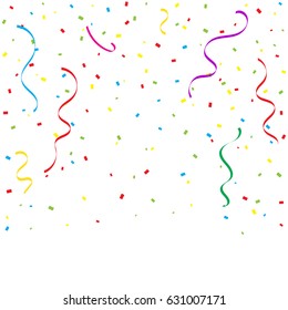 Many Falling Colorful Tiny Confetti And Ribbon Isolated On White Background. Vector. Multicolored