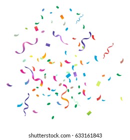 Many Falling Colorful Tiny Confetti And Ribbon On White Background. Explosion. Vector. Multicolored