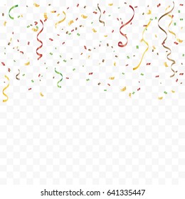 Many Falling Colorful Tiny Confetti And Streamer Ribbon Isolated On Transparent Background. Vector. Multi colored