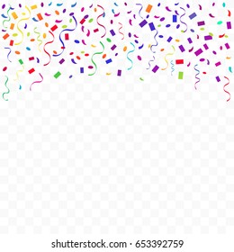 Many Falling Colorful Tiny Confetti And Ribbon Isolated On Transparent Background. Vector