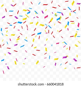 Many Falling Colorful Tiny Confetti On Transparent Background. Vector
